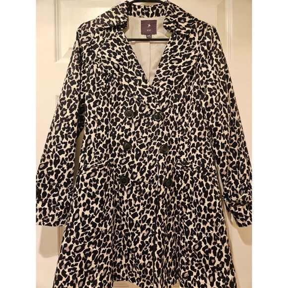 XXI Womens Medium Trench Coat Button Up Leopard Animal Print Black Gray White - Picture 2 of 5